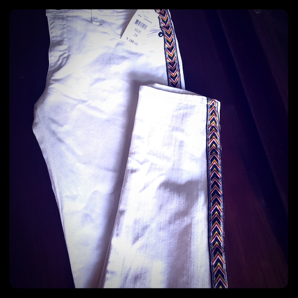 Embroidered Tuxedo Stripe White Jeans
